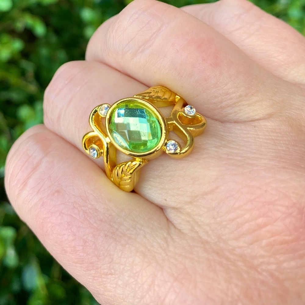Leaf Scroll 18k Clad Green Checkerboard Boho Mermaid Look Ring